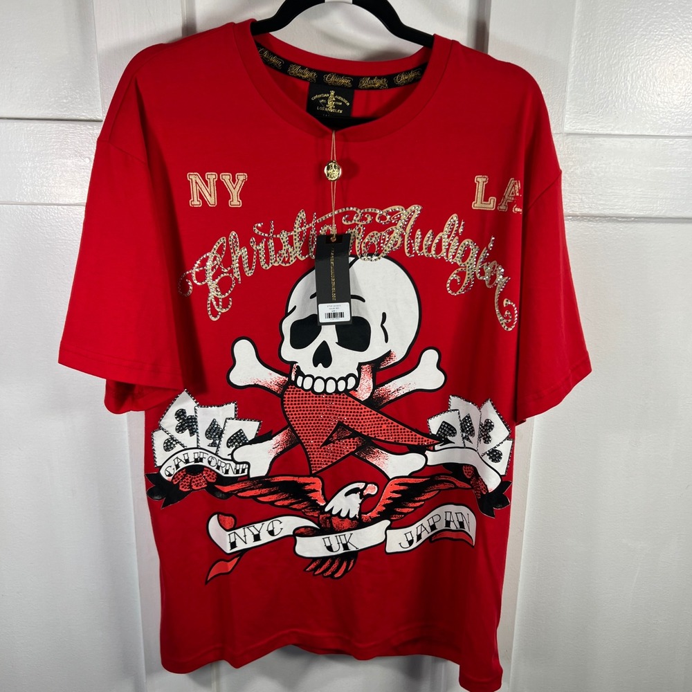 Christian‎ Audigier Mens Red Skull Eagle Rhinestone Graphic T-Shirt Large NEW